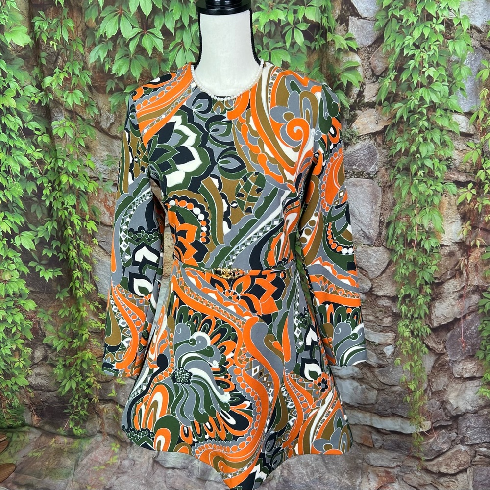 ZARA Mod Floral Orange/Green/White Geometric Lightweight Scuba Mini Dress, S - Picture 2 of 12